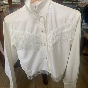 VINTAGE white fringe button down blouse.